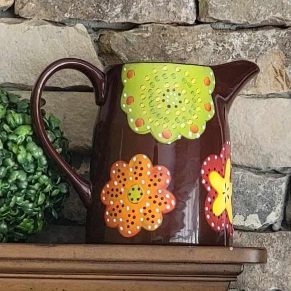 Vintage Laurie Gates Ceramic Chocolate Brown Pitcher With Flowers - Picture 2 of 4